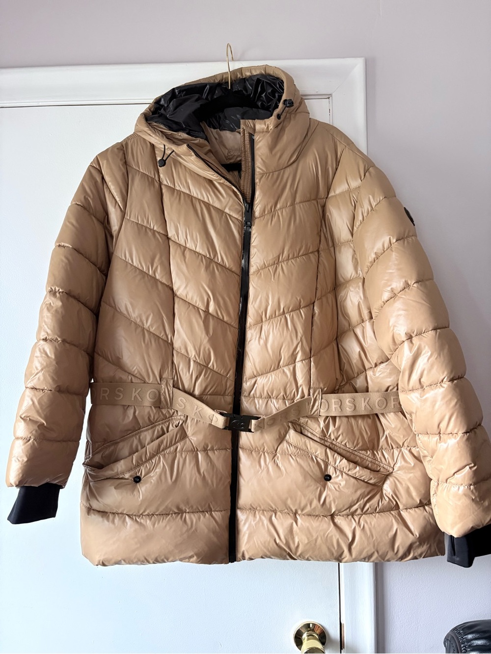 Michael Kors Beige Quilted Belted Puffer Jacket